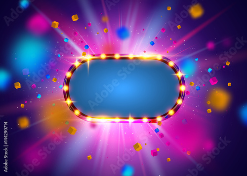 Glowing lights retro frame for advertising design. Special light effects. Colorful stage lights background. Vector Background show. Studio backdrop with confetti. Illuminated round realistic banner.