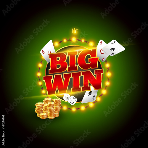 The word Big Win, surrounded by a luminous frame and attributes of gambling, on a explosion background. The new, best design of the luck banner, for gambling, casino, poker, slot, roulette or bone.