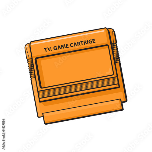 TV game cartridge in plastic orange case from 90s, sketch style, hand drawn illustration isolated on white background. Realistic hand drawn, sketch style retro, vintage TV game cartridge