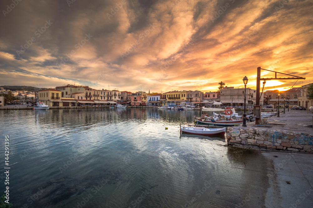 Old Venetian harbor of Rethimno at gorgeus sunset, Crete, Greece