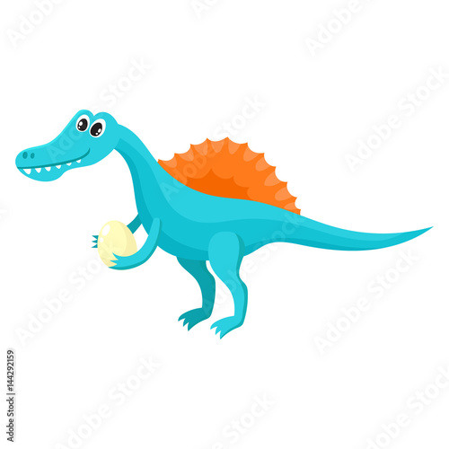 Cute and funny smiling baby spinosaurus, dinosaur, cartoon vector illustration isolated on white background. Funny, happy spinosaurus dinosaur character, decoration element