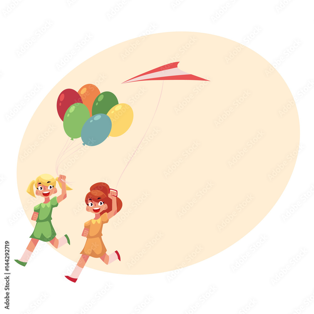 Two pretty teenage girl friends running together with colorful balloons and kite, cartoon vector illustration with place for text. Girls running together, friends with kite, and balloons Two pretty teenage girl friends running together with colorful balloons and kite, cartoon vector illustration with place for text. Girls running together, friends with kite, and balloons
