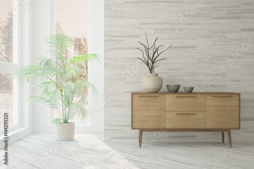 Fototapeta Naklejka Na Ścianę i Meble -  White modern room with shelf. Scandinavian interior design. 3D illustration