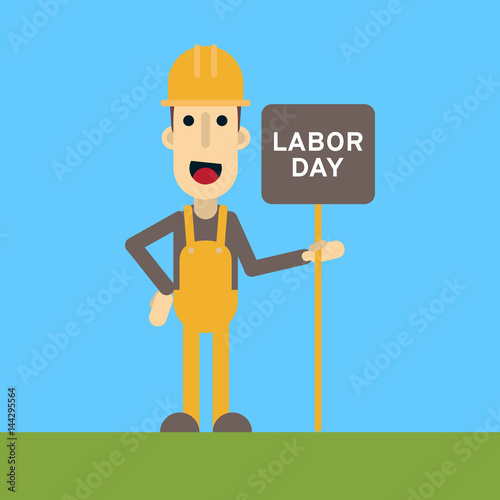 Worker in a helmet with a sign. 1 May International Labor Day.