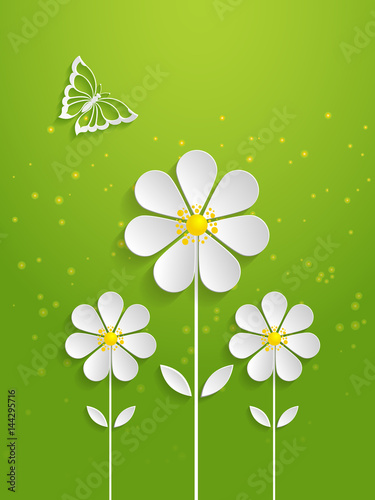 Vector spring background with volumetric flowers. Paper cut flowers on green background. With butterfly.
