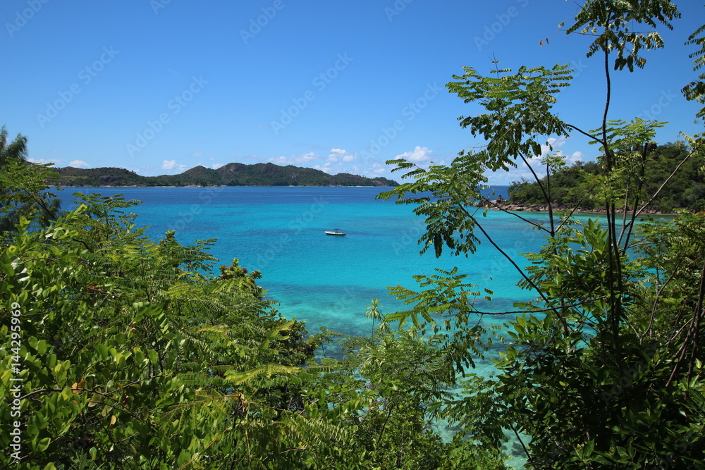 View to Anse Petite Cour and Curieuse Island which are situated in the north of Praslin Island, Seychelles, Indian Ocean, Africa