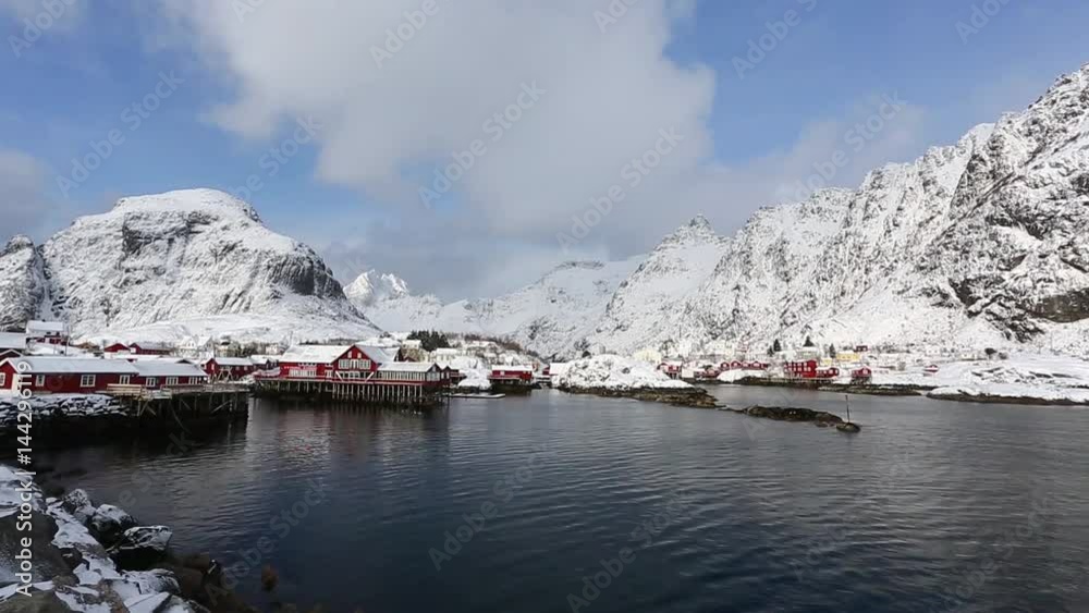 Red cabins of fishing village A in the Lofoten Islands, winter time Red cabins of fishing village A in the Lofoten Islands, winter time