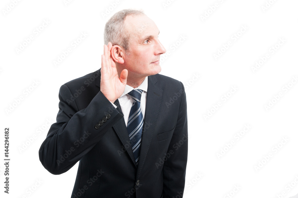 Portrait of elegant senior making can't hear you gesture Portrait of elegant senior making can't hear you gesture