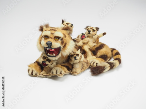 Cute Bengal tiger figure and family on white background