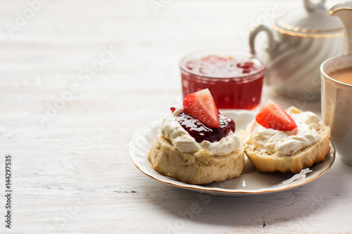 English cream teas with scones with clotted cream and jam
