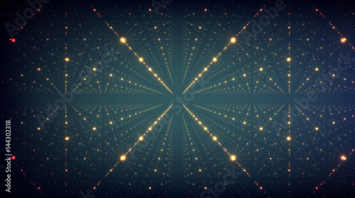Abstract vector background. Matrix of glowing stars with illusion of depth and perspective. Abstract futuristic space background