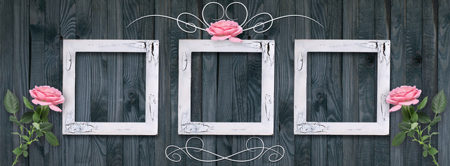 Vintage card with photo frames and roses