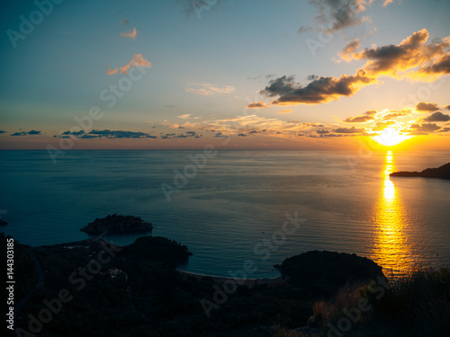 Island of Sveti Stefan close up at sunset. Montenegro, the Adriatic Sea, the Balkans.