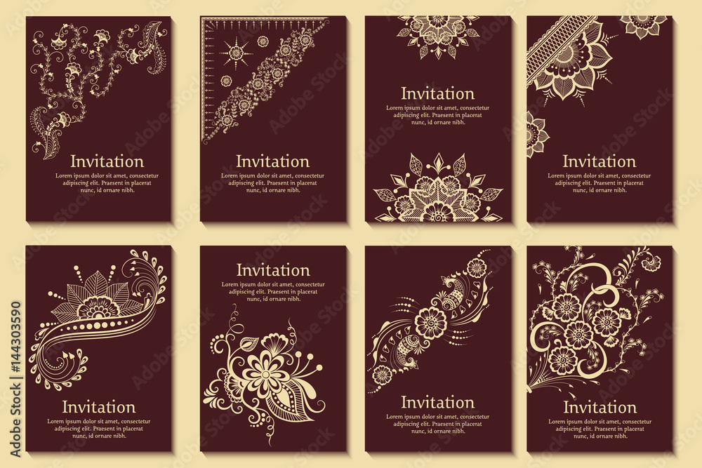 Fototapeta premium Set of wedding invitations and announcement cards with ornament in Arabian style. Arabesque pattern. Eastern ethnic ornament. Elegant texture for backgrounds. Design template.