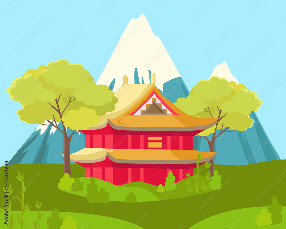Chinese House in Mountains. Landscape Illustration