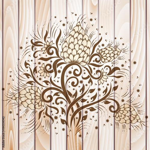 Vector abstract floral elements in Indian mehndi style on wooden background. Abstract henna floral vector illustration. Design element.