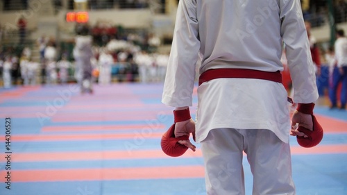 Sports teenagers - kid sportsmen at karate tatami - ready for fight © KONSTANTIN SHISHKIN