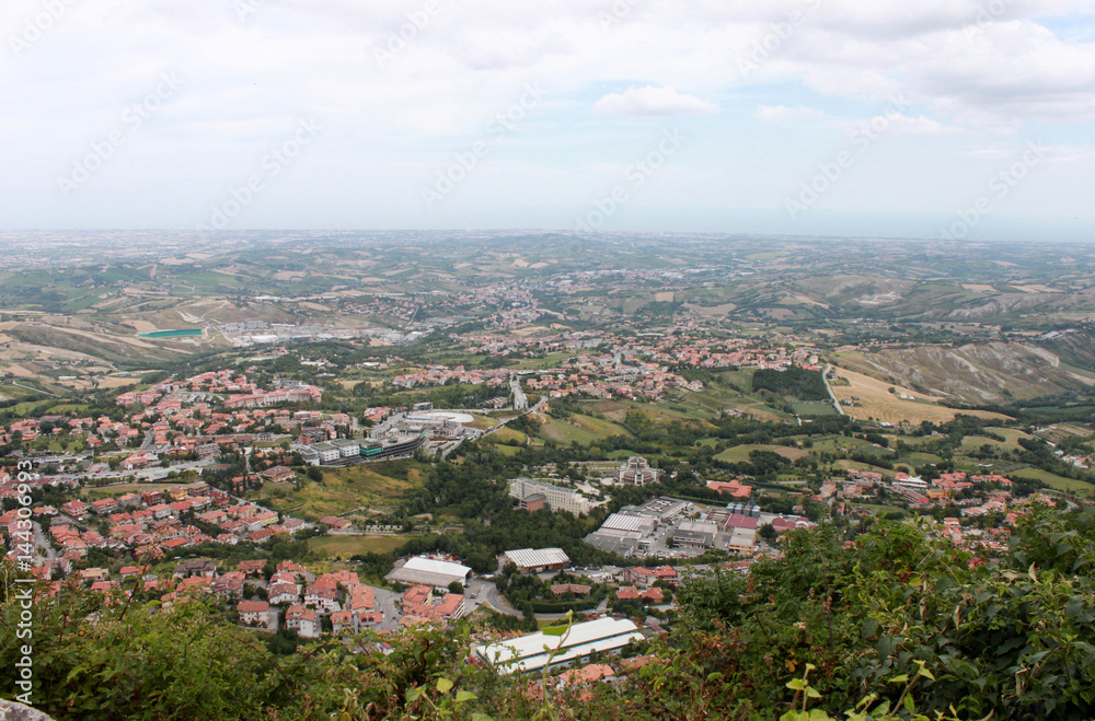 San Marino. Town on blue sky background horizontal view.