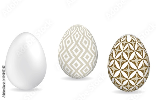 Ester eggs. White egg, beige ornamental eggs with shadow on white background