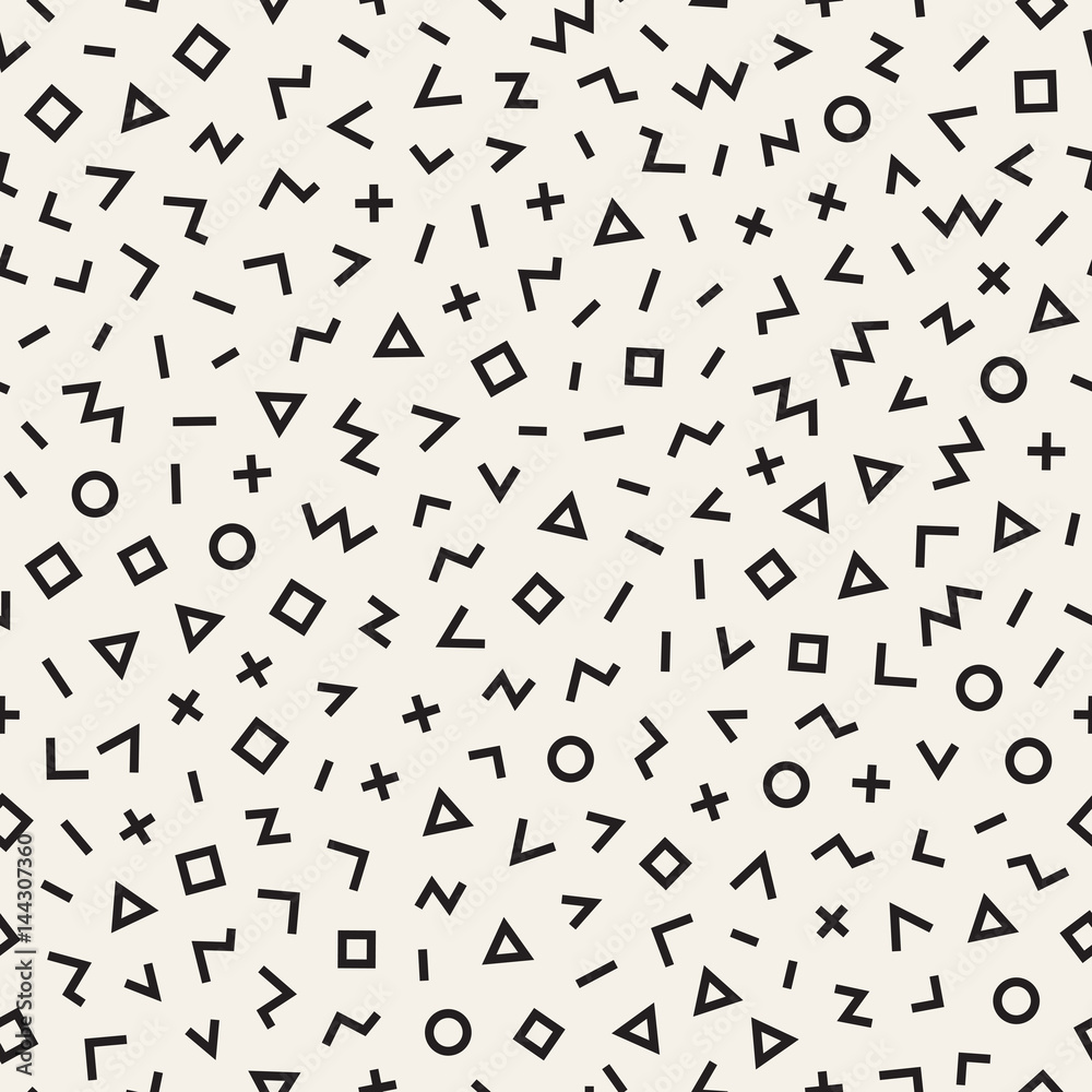 Scattered Geometric Line Shapes. Abstract Background Design. Vector Seamless Black and White Pattern.