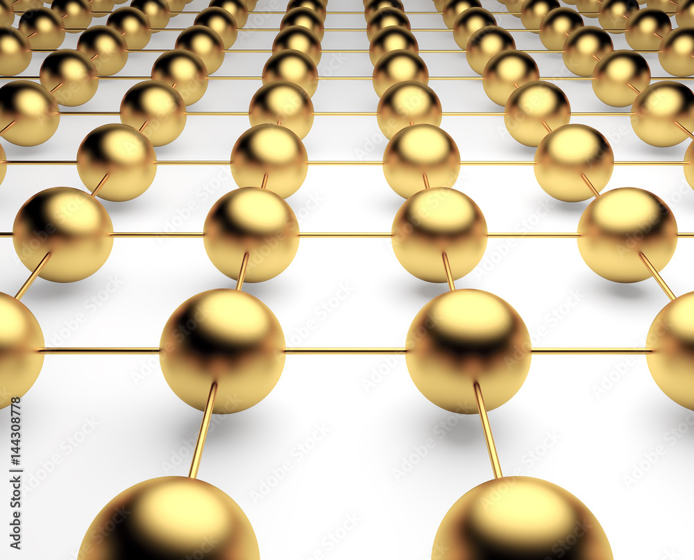 Obraz premium Złote tło geometryczne kul metalowych i szklanych. Streszczenie renderowania 3d