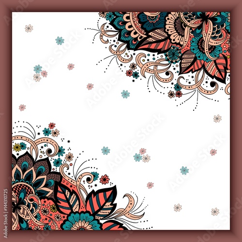 Wedding invitation card with vector abstract floral elements in Indian mehndi style. Abstract henna floral vector illustration. Colorful design element.