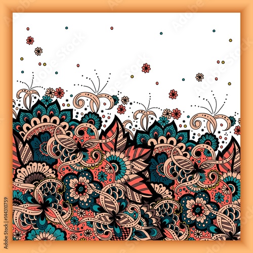 Wedding invitation card with vector abstract floral elements in Indian mehndi style. Abstract henna floral vector illustration. Colorful design element.