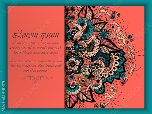 Wedding invitation card with vector abstract floral elements in Indian mehndi style. Abstract henna floral vector illustration. Colorful design element.