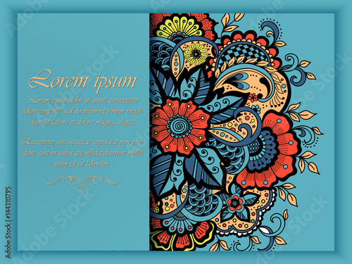 Wedding invitation card with vector abstract floral elements in Indian mehndi style. Abstract henna floral vector illustration. Colorful design element.