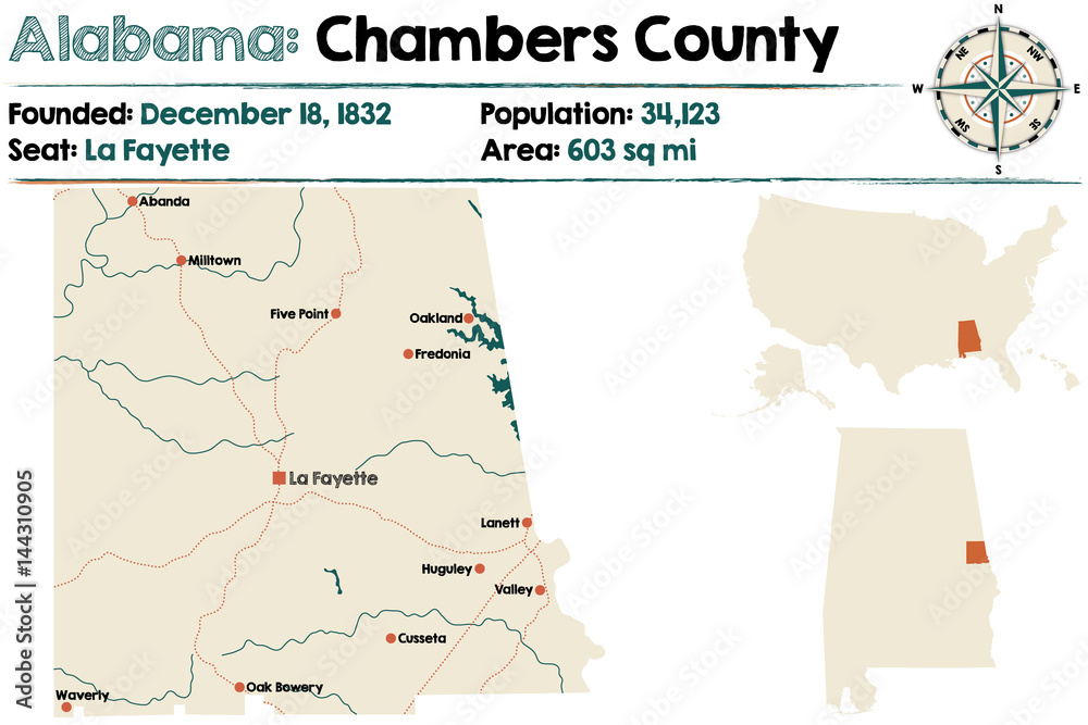 Large and detailed map of Chambers County in Alabama