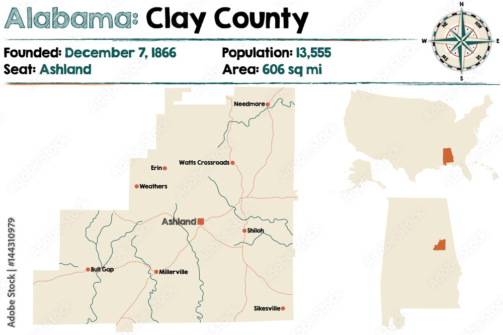 Large and detailed map of Clay County in Alabama