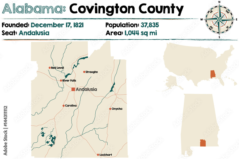 Large and detailed map of Covington County in Alabama
