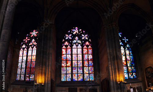 Mosaic drawings of Czech artists on the stained glass windows of St. Vitus Cathedral