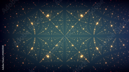 Abstract vector background. Matrix of glowing stars with illusion of depth and perspective. Abstract futuristic space background.
