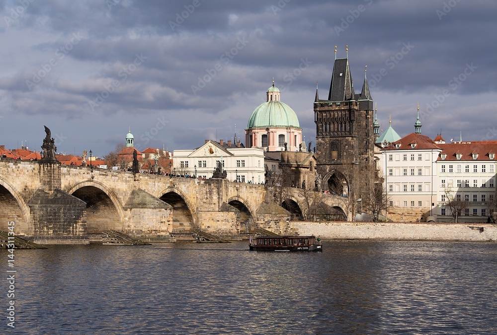 View of the Charles Bridges and Old Town Bridge Tower in Prague