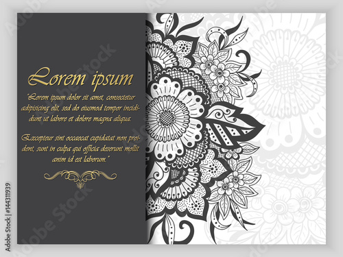 Wedding invitation and announcement card with ornament in Arabian style. Arabesque pattern. Eastern ethnic ornament. Elegant texture for backgrounds. Design template.