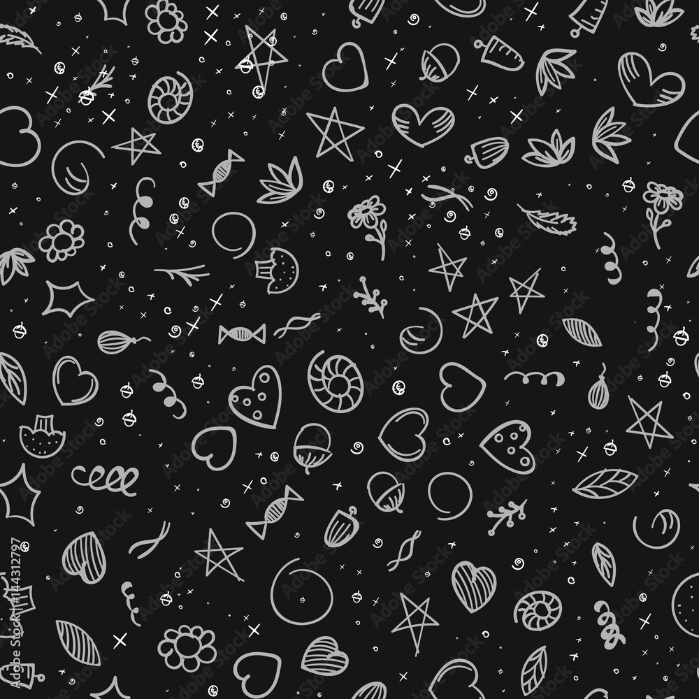 Seamless colorless pattern, drawn from various elements, black and white background Seamless colorless pattern, drawn from various elements, black and white background