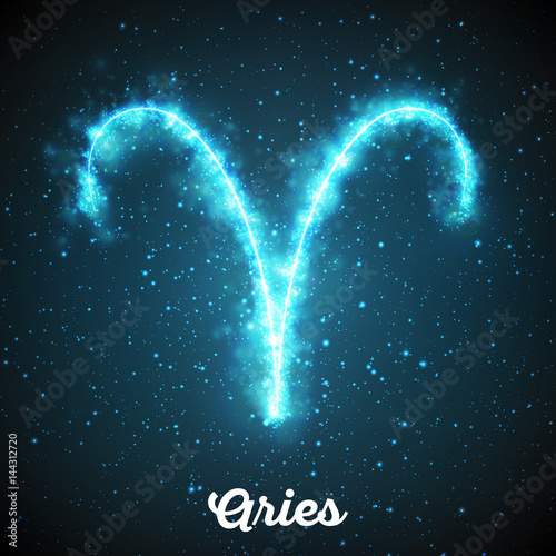 Vector abstract zodiac sign Aries on a dark blue background of the space with shining stars. Nebula in form of zodiac sign Aries. Abstract glowing zodiac sign Aries, The Ram, greek: Krios