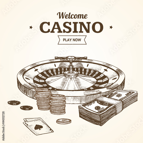 Casino Card or Poster witch Roulette Wheel Hand Draw Sketch. Vector