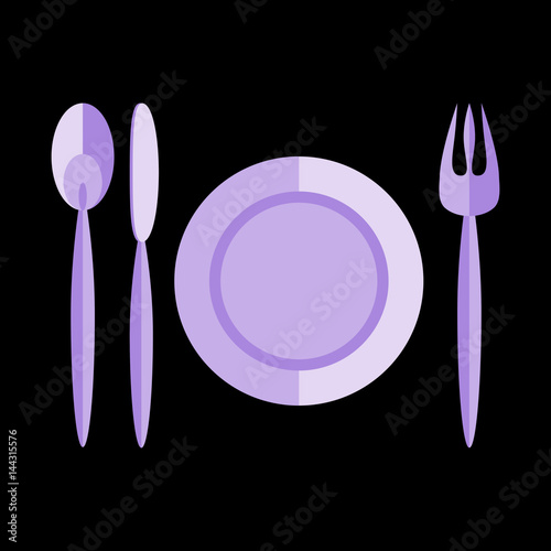 Spoon, knife, fork and plate violet icon isolated on black - stylized simple vector drawing