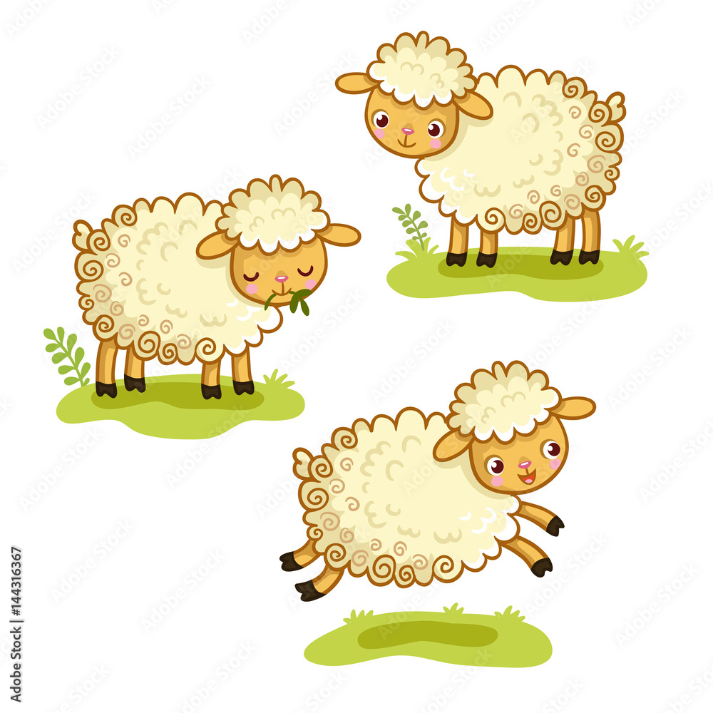 Naklejka premium Cute cartoon sheep set. Character Design. A collection of vector illustration with sheep is standing, chewing, jumping. Cute animal in the cartoon style.