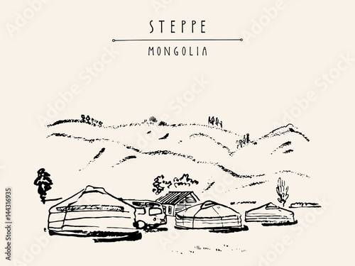 Yurts (gers) - traditional Mongolian dwellings in Mongolian steppe. Travel sketch. Hand-drawn vintage book illustration, postcard
