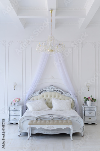 Obraz na plátně Interior white bedroom with canopy