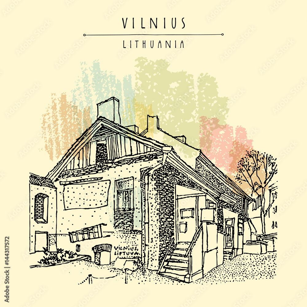 Old house in Vilnius, Lithuania, Europe. Hand drawn vintage travel postcard