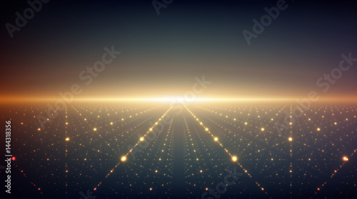 Abstract vector infinity background. Glowing stars with illusion of depth and perspective. Abstract futuristic space on dark background. Abstract sunrise.