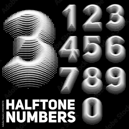 Set of vector halftone embossed numbers. Dotted embossed numbers. Monochrome design.
