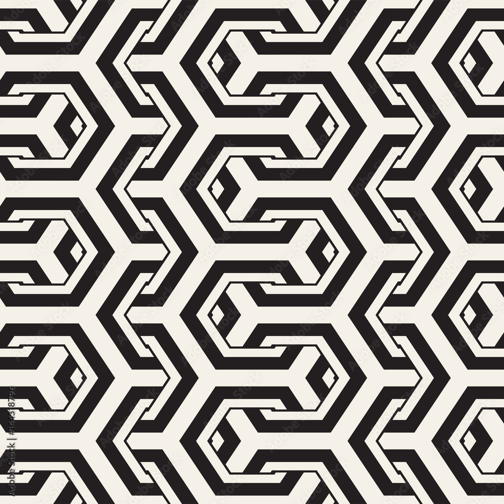 Vector Seamless Interlacing Lines Pattern. Repeating Geometric Background With Hexagonal Lattice.