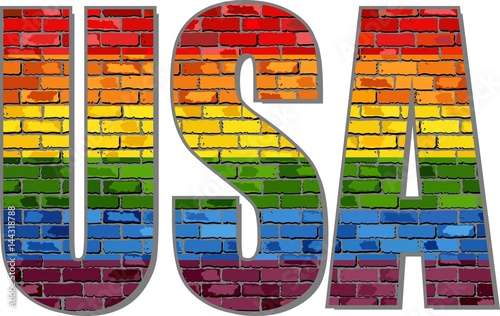 USA on a brick wall with LGBT flag inside - Illustration, 
Symbol of gay and lesbian love with USA, 
Text with a lesbian pride flag