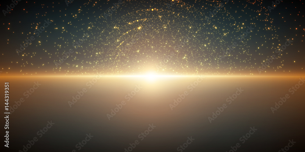 Vector infinite space background. Matrix of glowing stars with illusion of depth and perspective. Abstract cyber fiery sunrise over sea. Abstract futuristic universe on dark turquoise background.