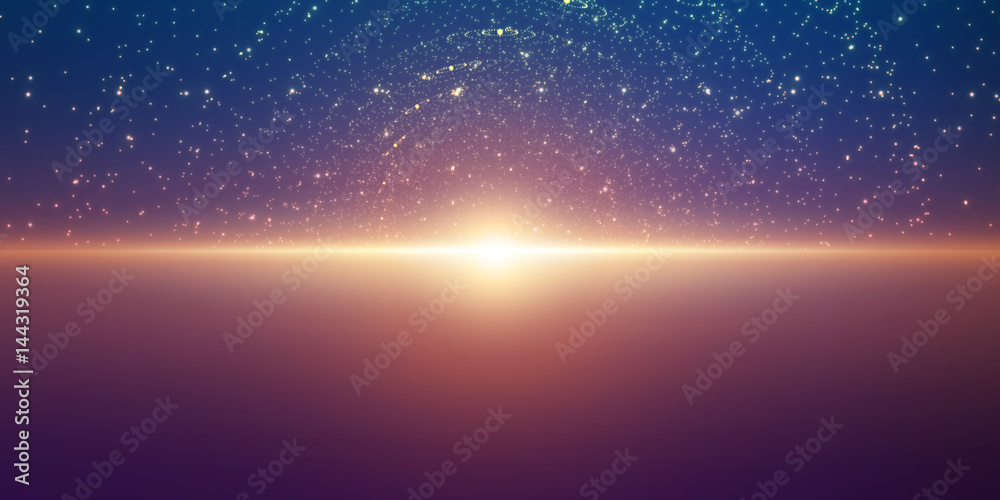 Vector infinite space background. Matrix of glowing stars with illusion of depth and perspective. Abstract cyber fiery sunrise over sea. Abstract futuristic universe on dark violet background.